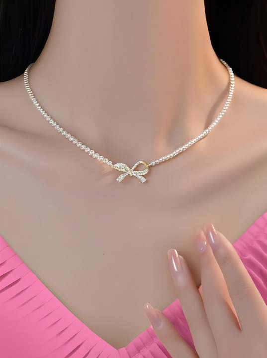 Bow Shape Pearl Pendant Necklace For Women