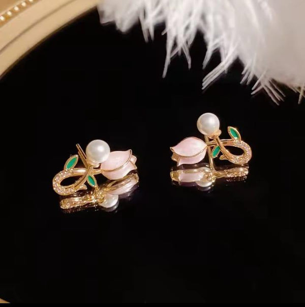 Fashion Elegant Tulip Stud Earrings Pink Tulip Versatile Two Wearing Pearl Earrings Simple Cute Korean Jewelry
