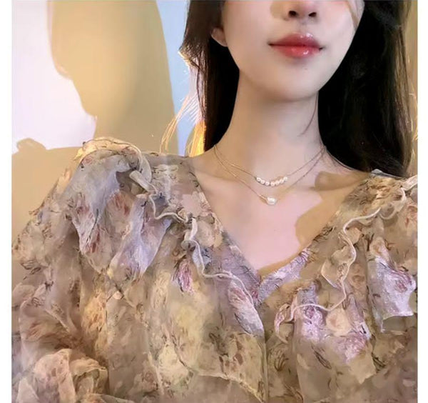 Tocona Factory Fashion Gold Color Necklace Women Ladies White Pearl Multi-layer Chain Choker AccessoriesC07108