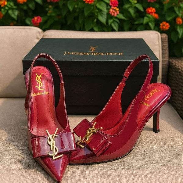 Burgundy Kitten Heel Shoes For Women – Stylish Slingback Design With Gold Accent Bow, Comfortable Fit, And Classy Glossy Finish